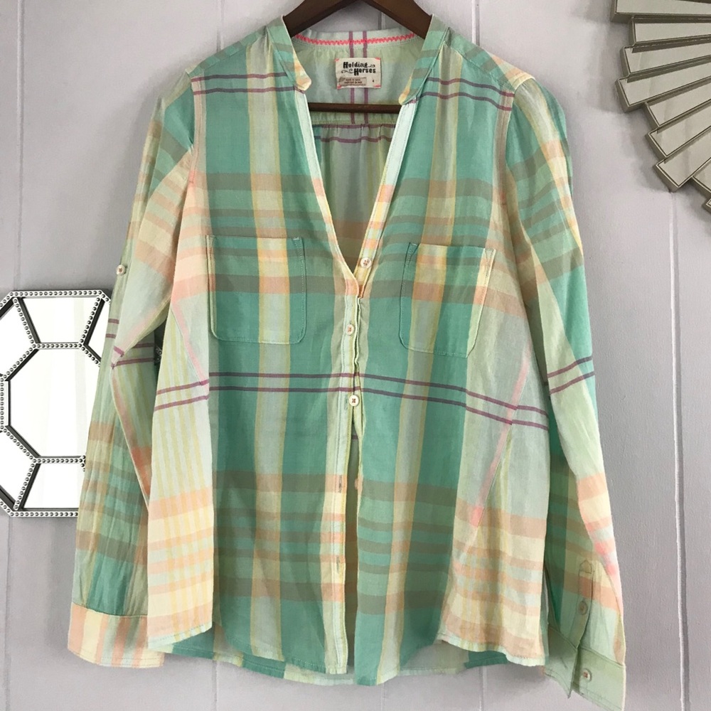 Holding Horses Plaid Blue Button Down Blouse 4